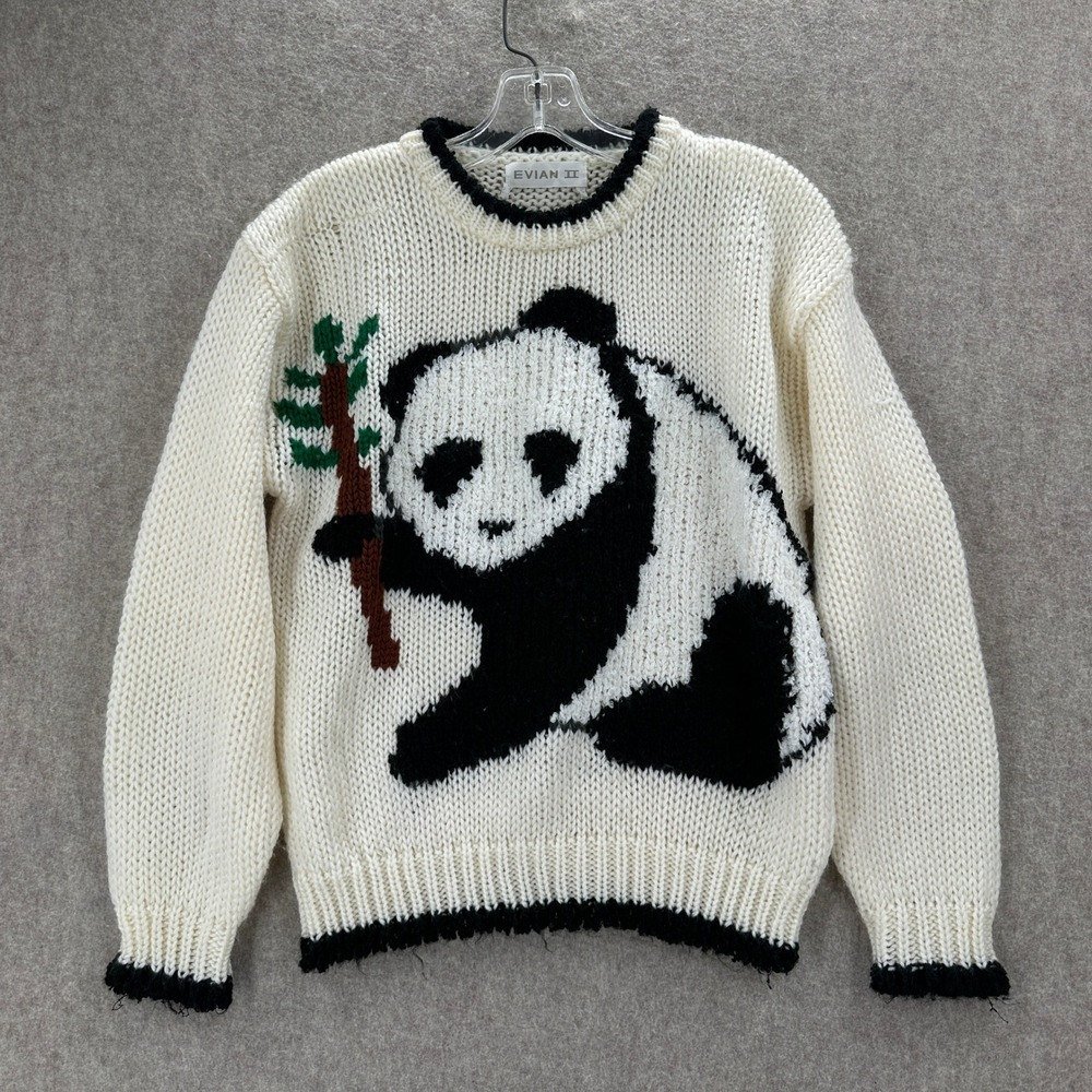 VTG Evian II Panda Bear Intarsia Chunky Knit Sweater Cream Black Trim MEDIUM